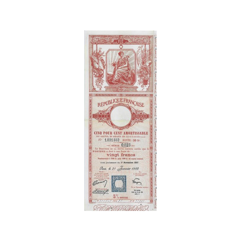 Dette publique 5 % Amortissable 1938 Rente 20 F