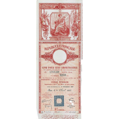 Dette publique 5 % Amortissable 1938 Rente 5 F