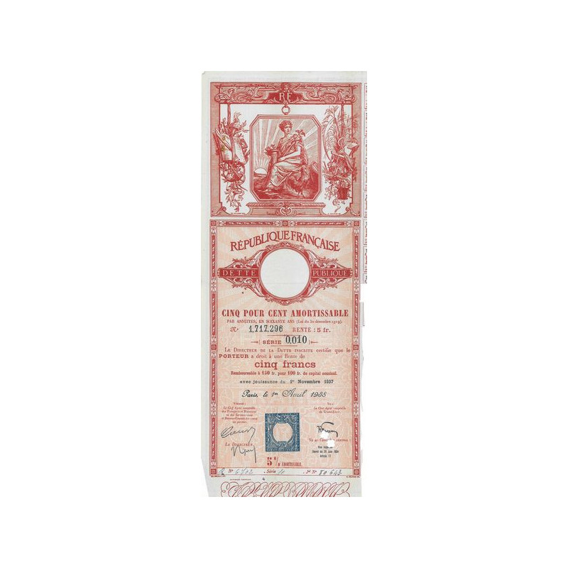 Dette publique 5 % Amortissable 1938 Rente 5 F