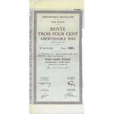 Rente 3 % Amortissable 1945 10000 F - 300 F