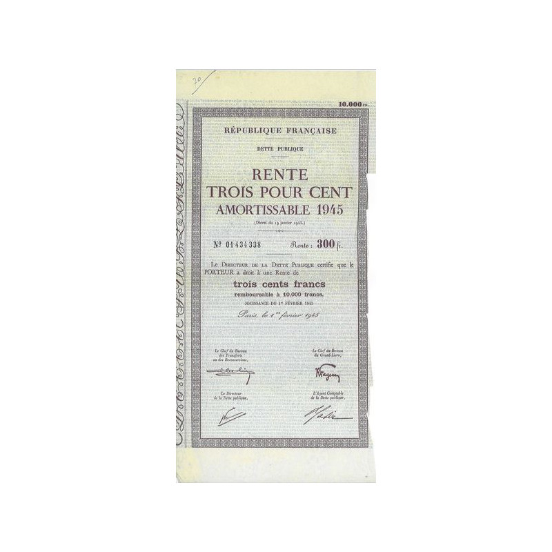 Rente 3 % Amortissable 1945 10000 F - 300 F