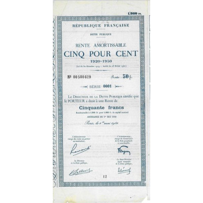 Rente Amortissable 5 % 1920-1950 1000 F - 50 F