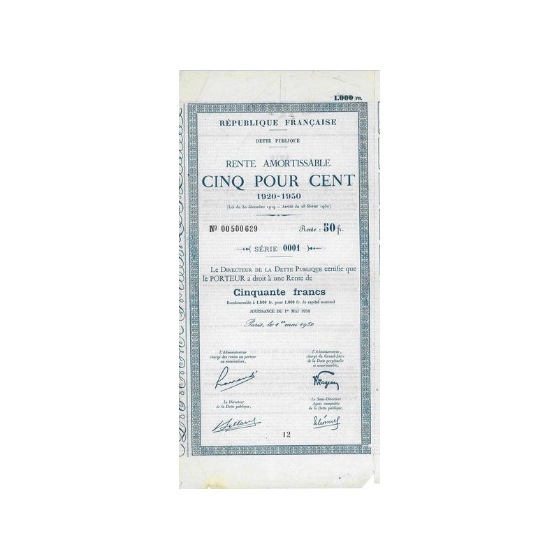 Rente Amortissable 5 % 1920-1950 1000 F - 50 F