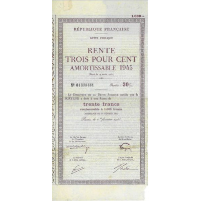 Rente 3 % Amortissable 1945 1000 F - 30 F