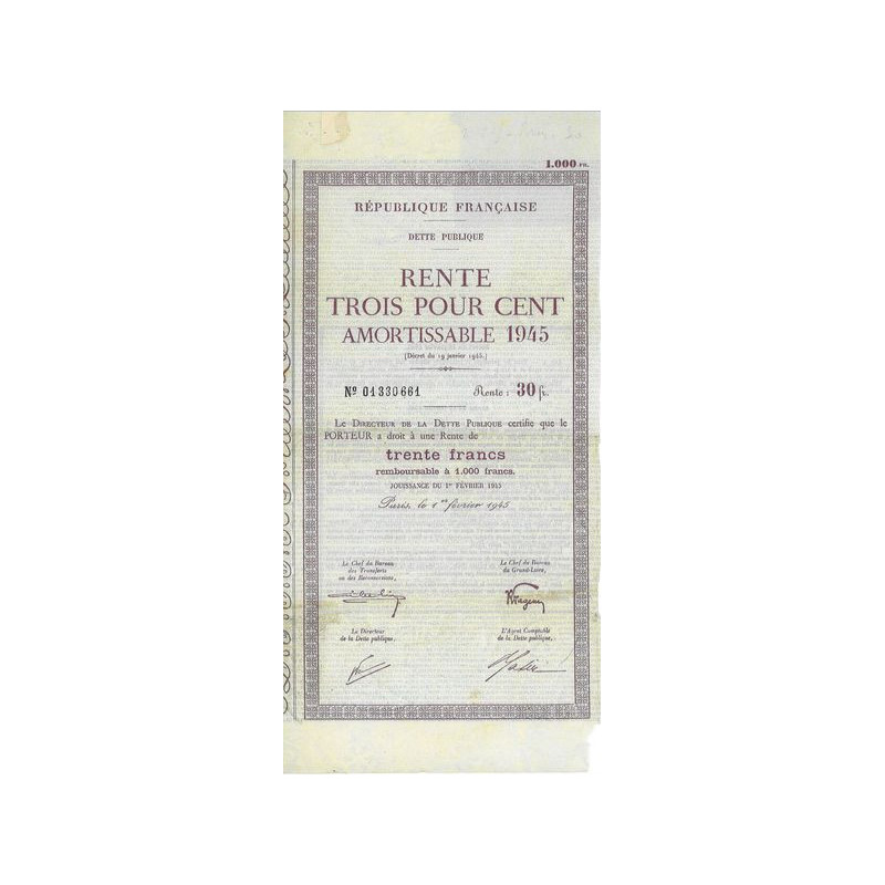 Rente 3 % Amortissable 1945 1000 F - 30 F