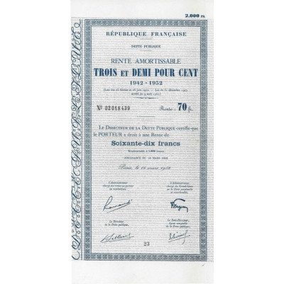 Rente Amortissable 3.5 % 1942-1952 2000 F - 70 F