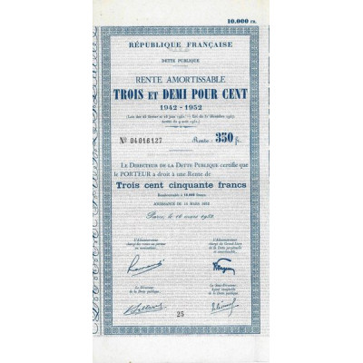 Rente Amortissable 3.5 % 1942-1952 10000 F - 350 F