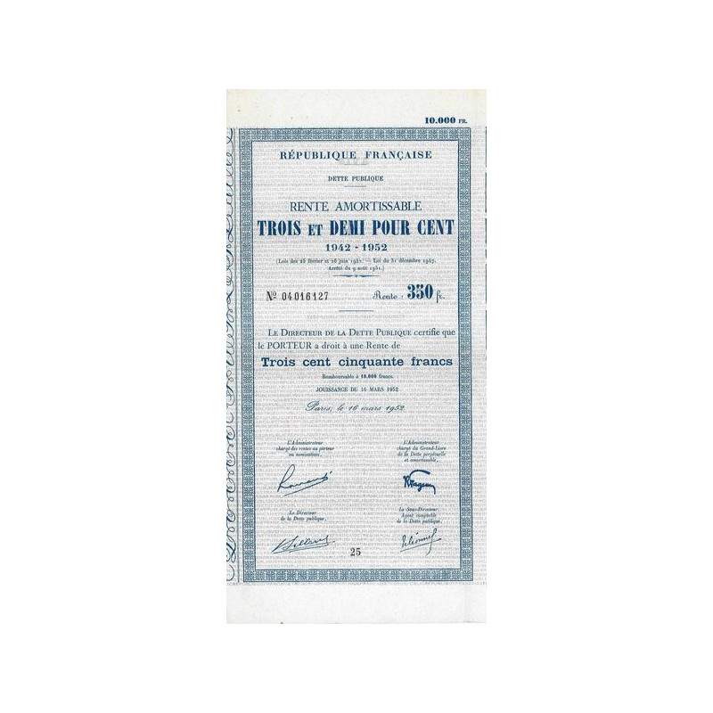 Rente Amortissable 3.5 % 1942-1952 10000 F - 350 F