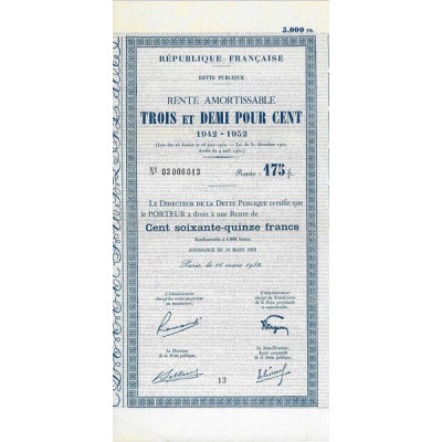 Rente Amortissable 3.5 % 1942-1952 5000 F - 175 F
