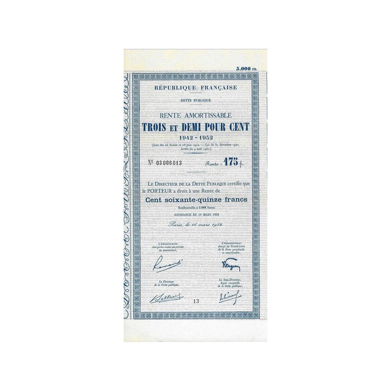 Rente Amortissable 3.5 % 1942-1952 5000 F - 175 F
