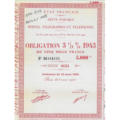 Dette Publique Postes Télégraphes et Téléphones - Obligation 3.5 % 1943 de 5000 F