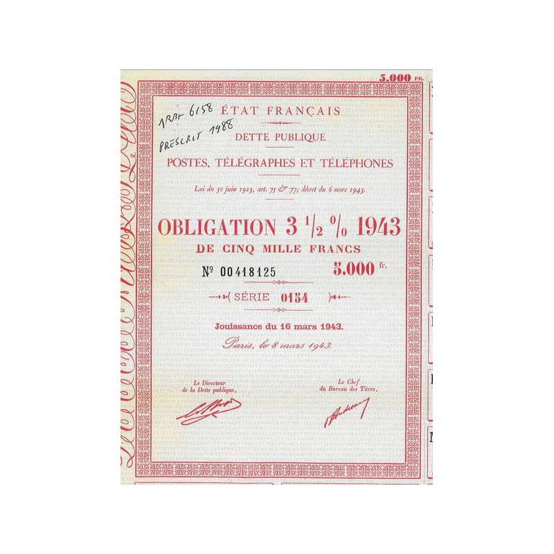 Dette Publique Postes Télégraphes et Téléphones - Obligation 3.5 % 1943 de 5000 F