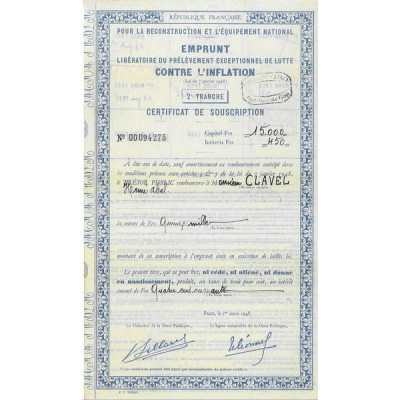 Pour la Reconstruction et l'Equipement National - Emprunt Libératoire du Prélèvement Exceptionnel de Lutte contre l'Inflation - 