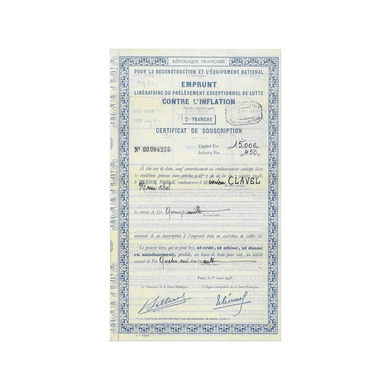 Pour la Reconstruction et l'Equipement National - Emprunt Libératoire du Prélèvement Exceptionnel de Lutte contre l'Inflation - 