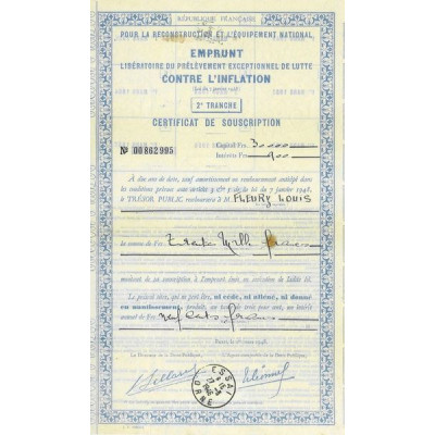 Pour la Reconstruction et l'Equipement National - Emprunt Libératoire du Prélèvement Exceptionnel de Lutte contre l'Inflation - 