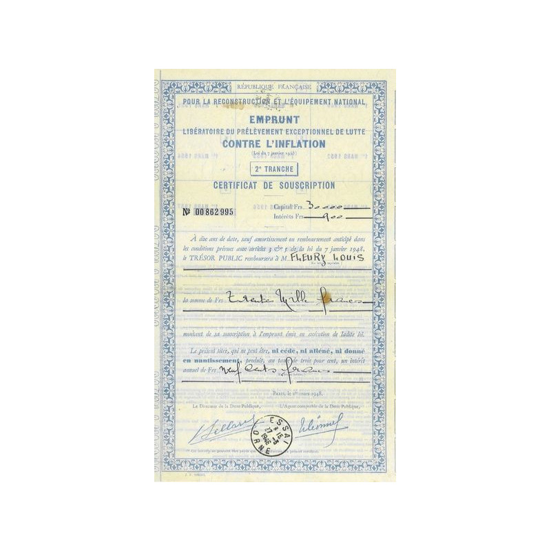 Pour la Reconstruction et l'Equipement National - Emprunt Libératoire du Prélèvement Exceptionnel de Lutte contre l'Inflation - 