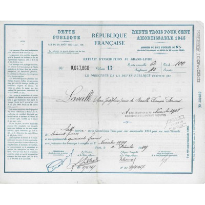 Dette Publique - Rente 3 % Amortissable 1945 - 100 F