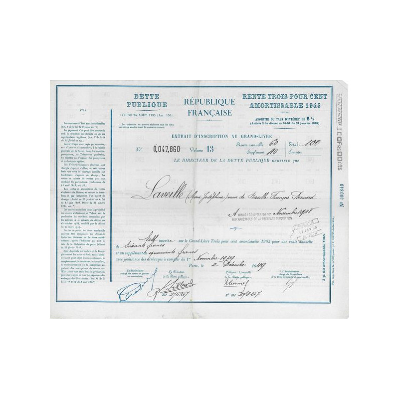 Dette Publique - Rente 3 % Amortissable 1945 - 100 F