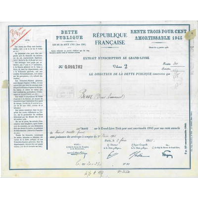Dette Publique - Rente 3 % Amortissable 1945 - 300 F