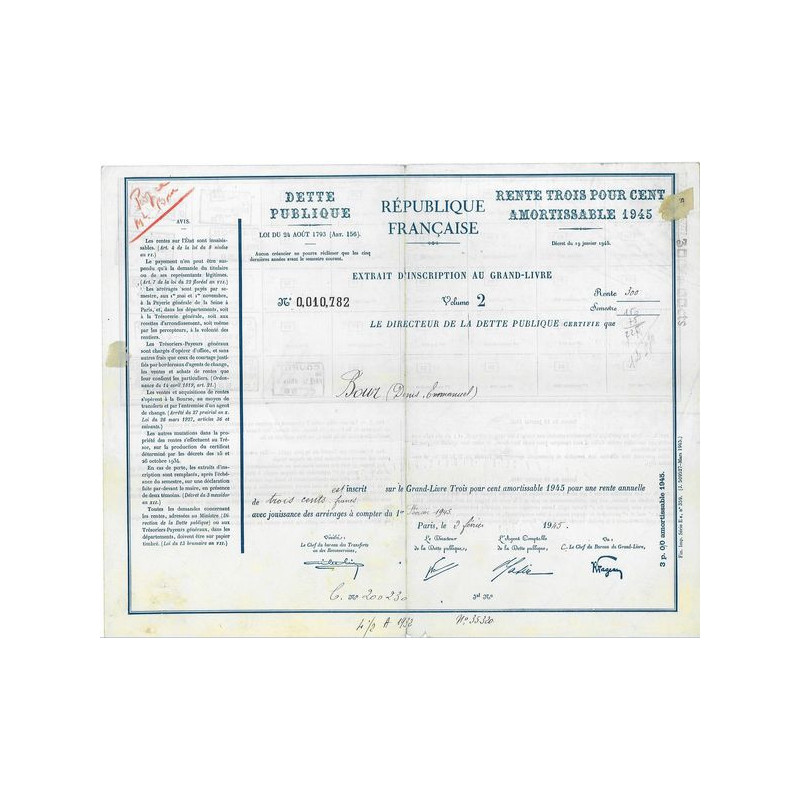 Dette Publique - Rente 3 % Amortissable 1945 - 300 F