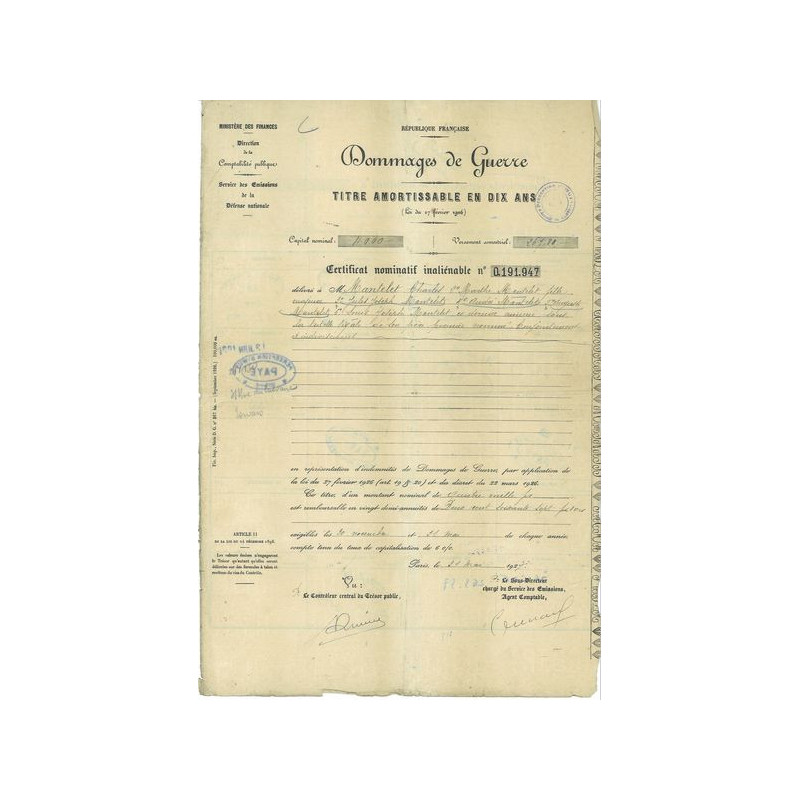 Dommages de Guerre - 4000 F - 1927