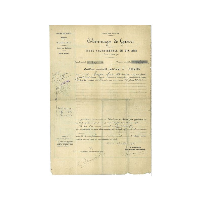 Dommages de Guerre - 300 F - 1927