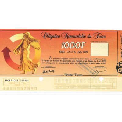 Obligation Renouvelable du Trésor 1000 F Série 12.75 % de 1983