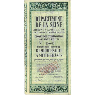 Département de la Seine - Emprunt à Lots 3.5 % 1942