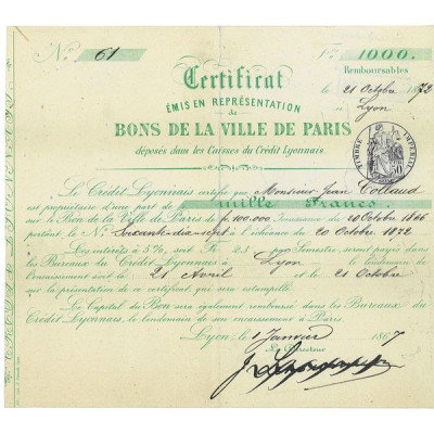 Certif Emis en Représentation de Bons de la Ville de Paris