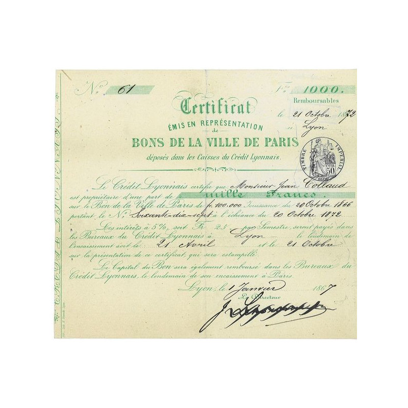 Certif Emis en Représentation de Bons de la Ville de Paris