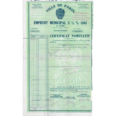 Ville de Paris Emprunt Municipal 3.5 % à lots 1942