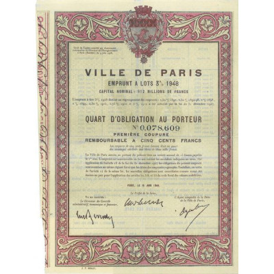 Ville de Paris Emprunt à lots 3 % 1948 - 1/4 d'Obl