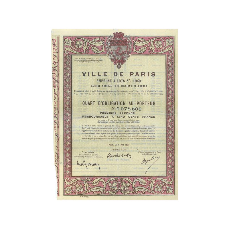 Ville de Paris Emprunt à lots 3 % 1948 - 1/4 d'Obl