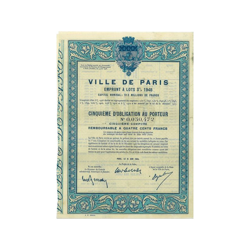 Ville de Paris Emprunt à lots 3 % 1948 - 1/5ème d'Obl