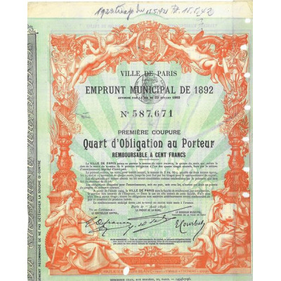 Ville de Paris Emprunt Municipal de 1892 - 1/4 d'Obl