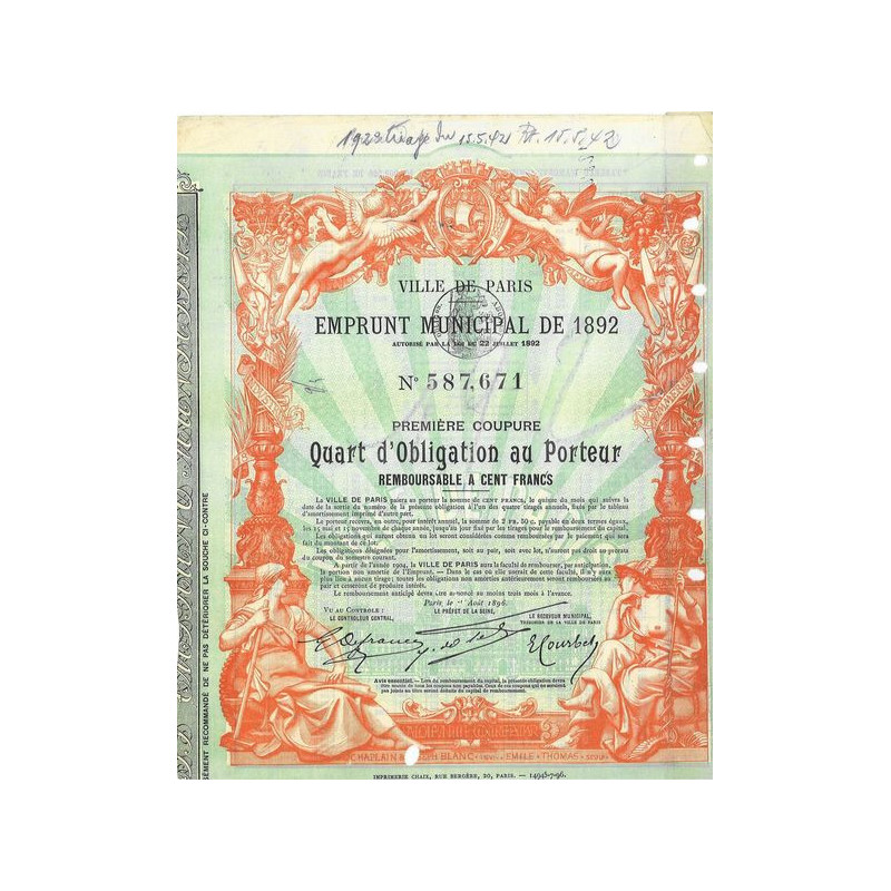 Ville de Paris Emprunt Municipal de 1892 - 1/4 d'Obl