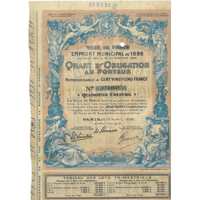 Ville de Paris Emprunt Municipal de 1898 - 1/4 d'Obl