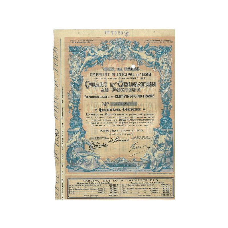Ville de Paris Emprunt Municipal de 1898 - 1/4 d'Obl