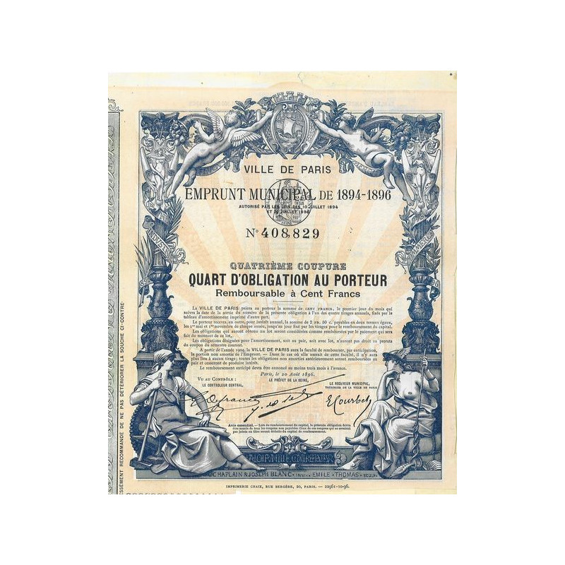 Ville de Paris Emprunt Municipal de 1894-1896 - 1/4 d'Obl