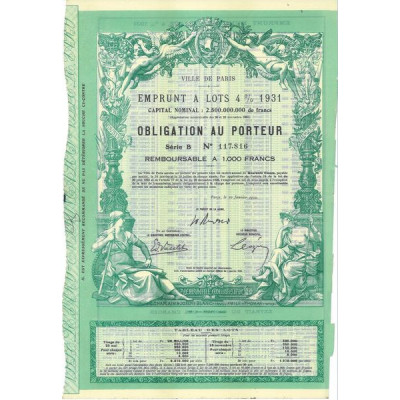 Ville de Paris Emprunt à lots 4 % 1931 (verte)