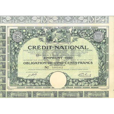 Crédit National pour Faciliter la Réparation des Dommages Causés par la Guerre - Emprunt 1920
