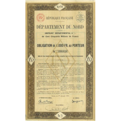 Département du Nord - Emprunt Départemental 4 % de 150 Millions de Francs