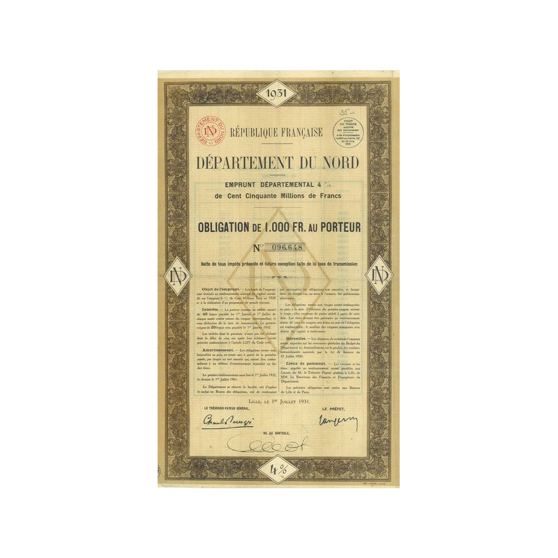 Département du Nord - Emprunt Départemental 4 % de 150 Millions de Francs
