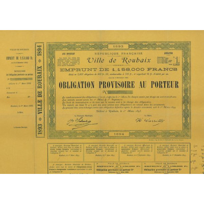 Ville de Roubaix - Emprunt de 1158000 Francs (blanquette)