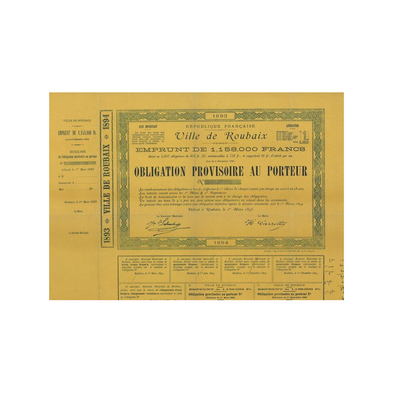 Ville de Roubaix - Emprunt de 1158000 Francs (blanquette)