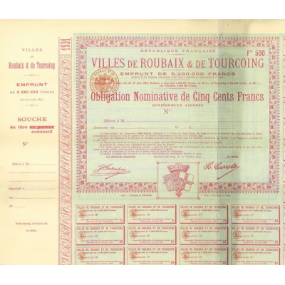 Ville de Roubaix & de Tourcoing - Emprunt de 6280000 Francs (blanquette)