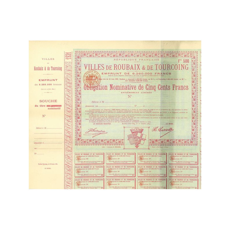 Ville de Roubaix & de Tourcoing - Emprunt de 6280000 Francs (blanquette)