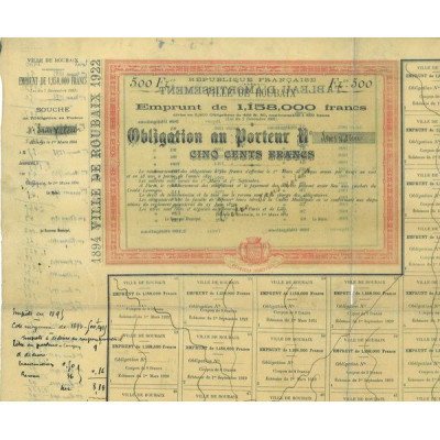 Ville de Roubaix - Emprunt de 1158000 Francs