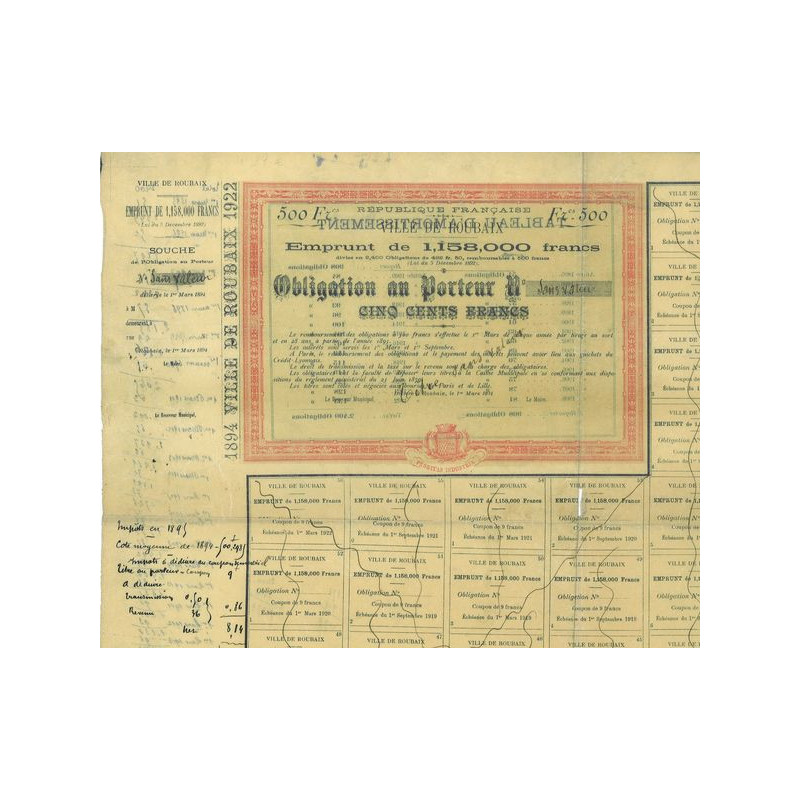 Ville de Roubaix - Emprunt de 1158000 Francs