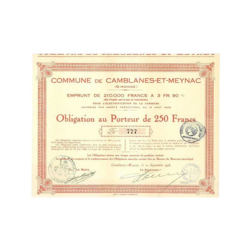 Commune de Camblanes-et-Meynac - Emprunt de 210000 Francs à 3 Fr 90 %
